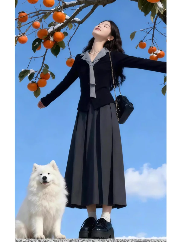 Korean Retro Faion Design Knitted Top And Long Skirt Set Women's Fake Two-Piece Ensemble Turn-Down Collar Comfortable Winte...
Korean Retro Faion Design Knitted Top And Long Skirt Set Women's Fake Two-Piece Ensemble Turn-Down Collar Comfortable Winte...