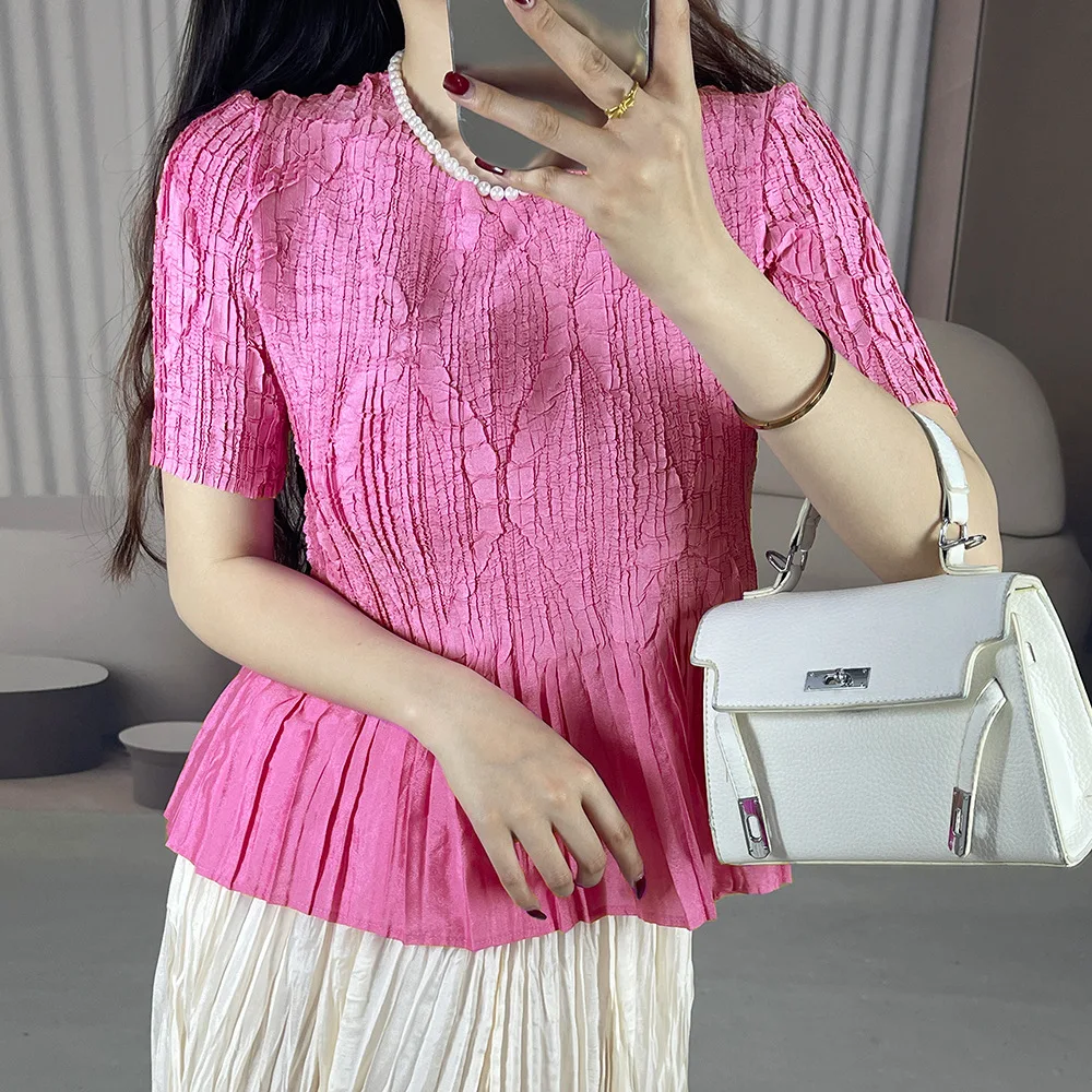Miyake Solid Color Design Sense Heavy Industry Relief Pleated O Neck Short-sleeved Top Summer Versatile Casual T-shirt for Women
Miyake Solid Color Design Sense Heavy Industry Relief Pleated O Neck Short-sleeved Top Summer Versatile Casual T-shirt for Women