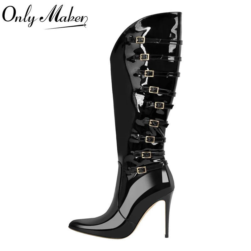 Onlymaker Women Pointed Toe Black Patent Leather Multi Buckle Stiletto Knee High Boots
Onlymaker Women Pointed Toe Black Patent Leather Multi Buckle Stiletto Knee High Boots