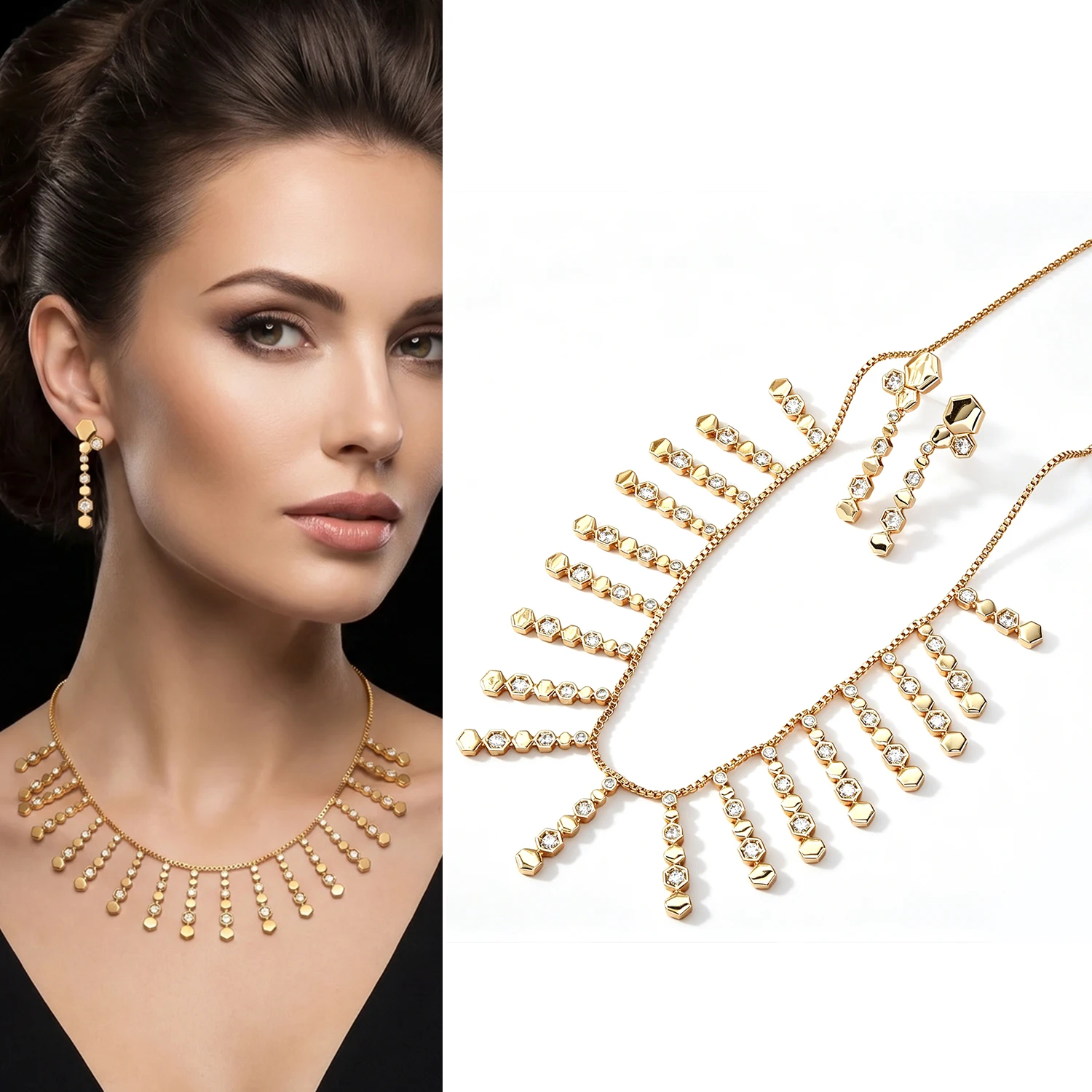 Gold Plated Hexagon CZ Fringe Jewelry Set, Premium 38cm+5.5cm Tassel Necklace & Drop Earrings, Elegant Bridal & Evening Part
Gold Plated Hexagon CZ Fringe Jewelry Set, Premium 38cm+5.5cm Tassel Necklace & Drop Earrings, Elegant Bridal & Evening Part