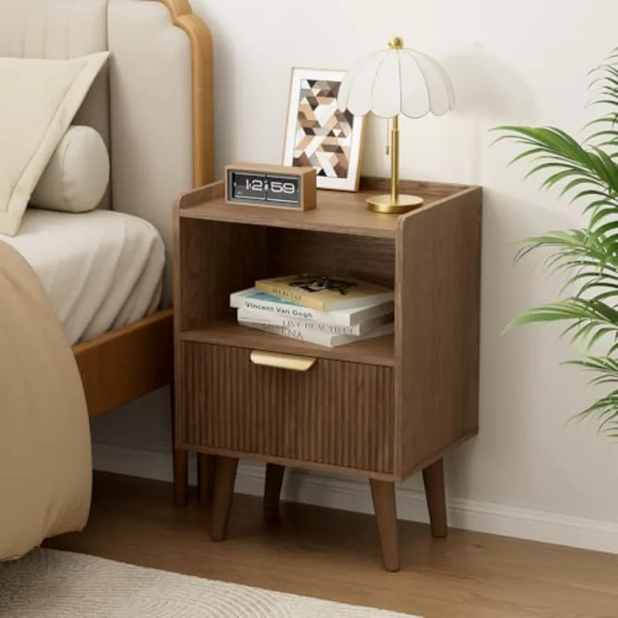 Modern Walnut Nightstand with Storage Drawer Open Wood Shelf Fluted Design with Solid Wood Legs Compact Bedside Table for Bedro
Modern Walnut Nightstand with Storage Drawer Open Wood Shelf Fluted Design with Solid Wood Legs Compact Bedside Table for Bedro