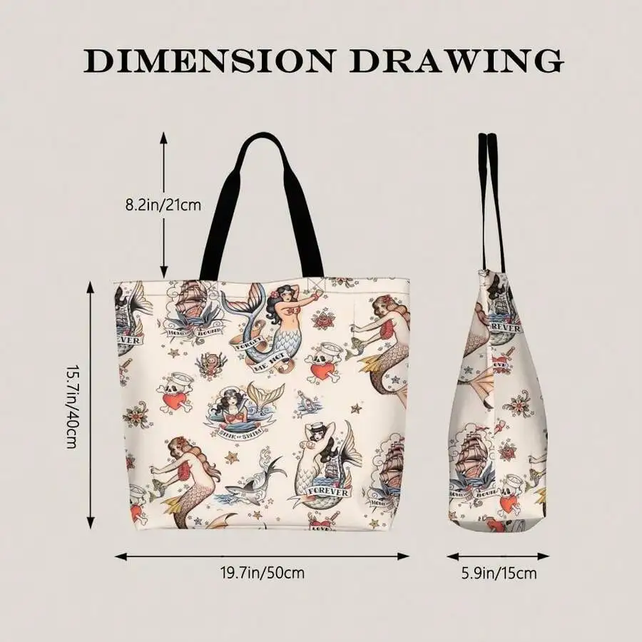 Vintage Nautical Mermaid Print Tote Bag Casual Retro Shoulder Bag For Women And Men
Vintage Nautical Mermaid Print Tote Bag Casual Retro Shoulder Bag For Women And Men