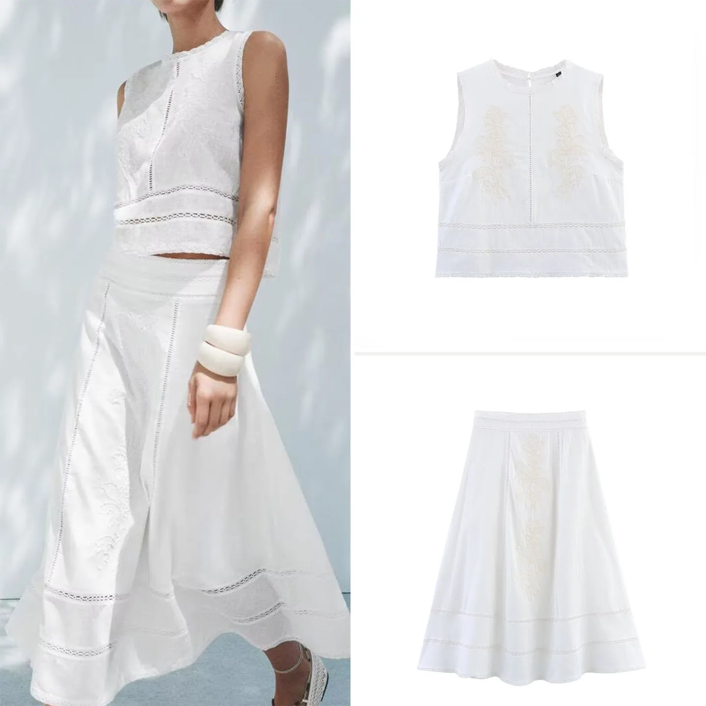 Women's Embroidered round Neck Sleeveless Top High Waist A-Line Midi Skirt Fashion Set Short Length Patchwork Summer Outfit
Women's Embroidered round Neck Sleeveless Top High Waist A-Line Midi Skirt Fashion Set Short Length Patchwork Summer Outfit