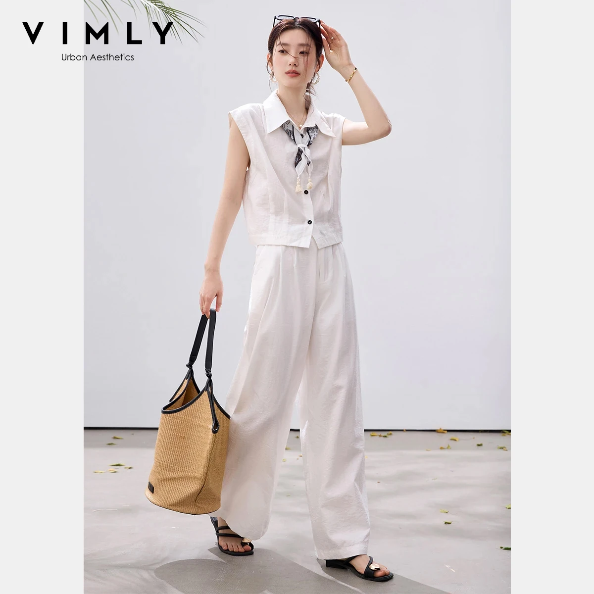 VIMLY Women's Casual Office Two-Piece Set 2026 Summer New Detachable Scarf Sleeveless Cropped Shirt Wide Leg Pants Outfit 30827
VIMLY Women's Casual Office Two-Piece Set 2026 Summer New Detachable Scarf Sleeveless Cropped Shirt Wide Leg Pants Outfit 30827