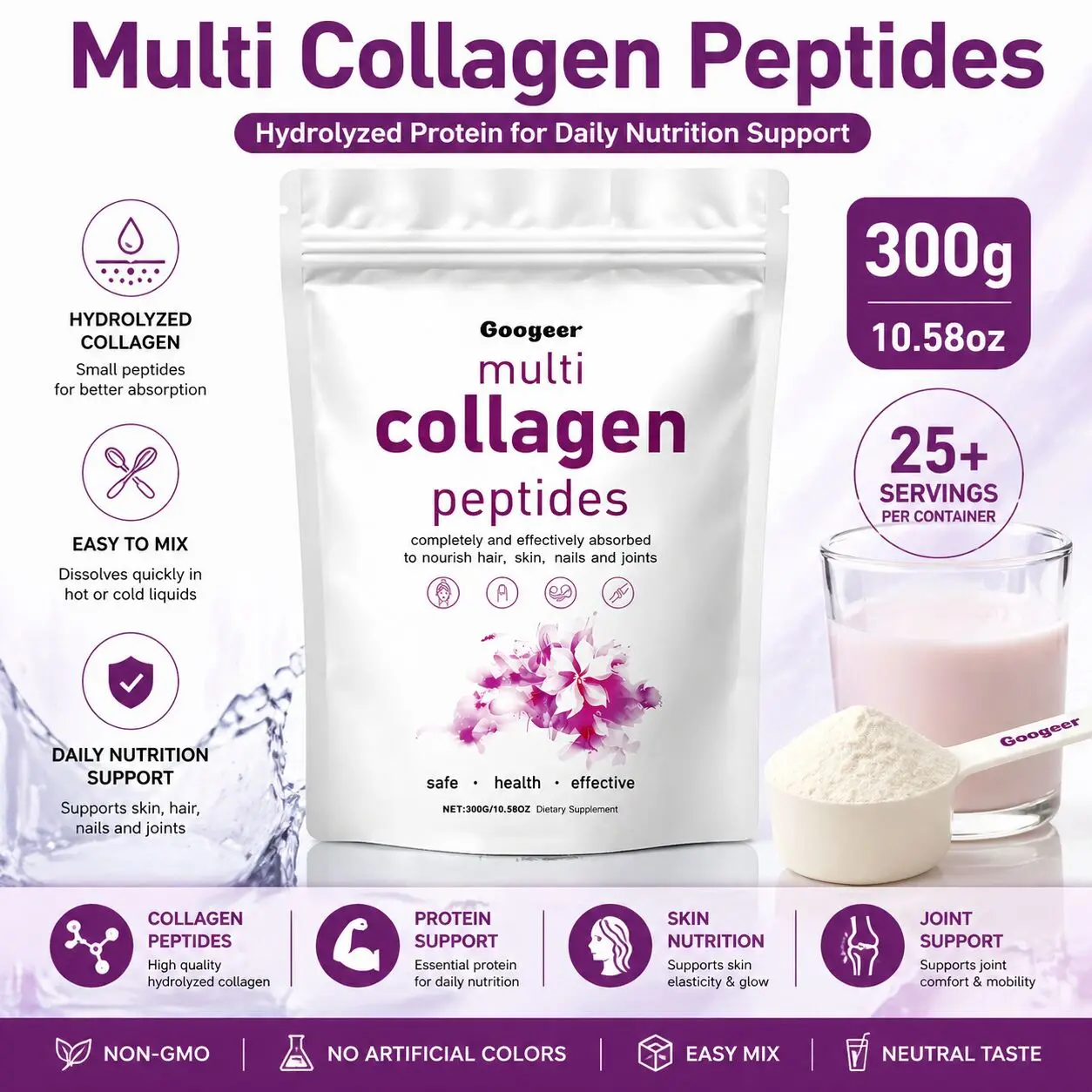 Googeer Multi Collagen Peptides Powder 300g - Hydrolyzed Protein Supplement for Hair, Skin, Nails & Joints, Easy Mix, 10.58oz
Googeer Multi Collagen Peptides Powder 300g - Hydrolyzed Protein Supplement for Hair, Skin, Nails & Joints, Easy Mix, 10.58oz