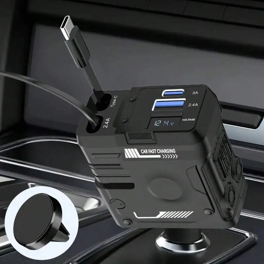 120W 4-Port Car Charger With Auto-Retractable USB-C Cable, Digital Voltage Indicator, And 360° Magnetic Phone Holder
120W 4-Port Car Charger With Auto-Retractable USB-C Cable, Digital Voltage Indicator, And 360° Magnetic Phone Holder