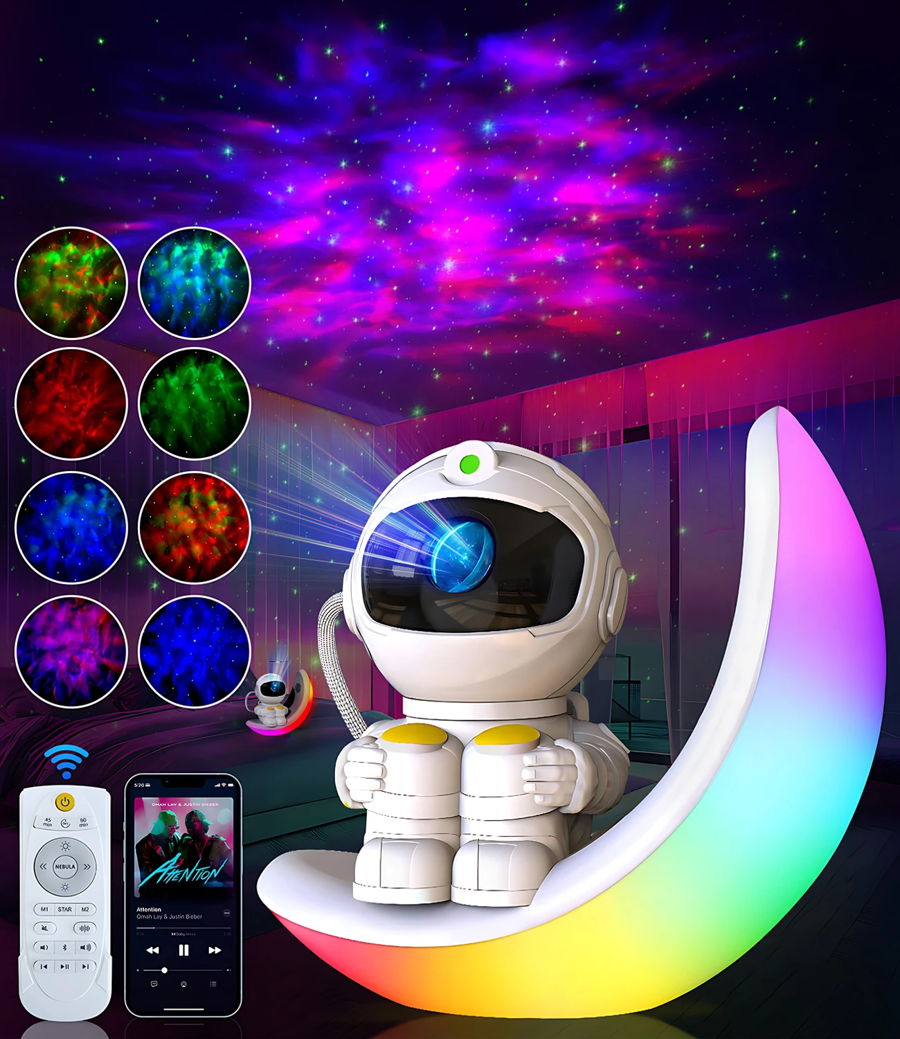 Astronaut Galaxy Projector for Bedroom, 3-in-1 Star Projector with 8 Colors Moon Night Lamp & White Noise Remote Speaker Timer
Astronaut Galaxy Projector for Bedroom, 3-in-1 Star Projector with 8 Colors Moon Night Lamp & White Noise Remote Speaker Timer