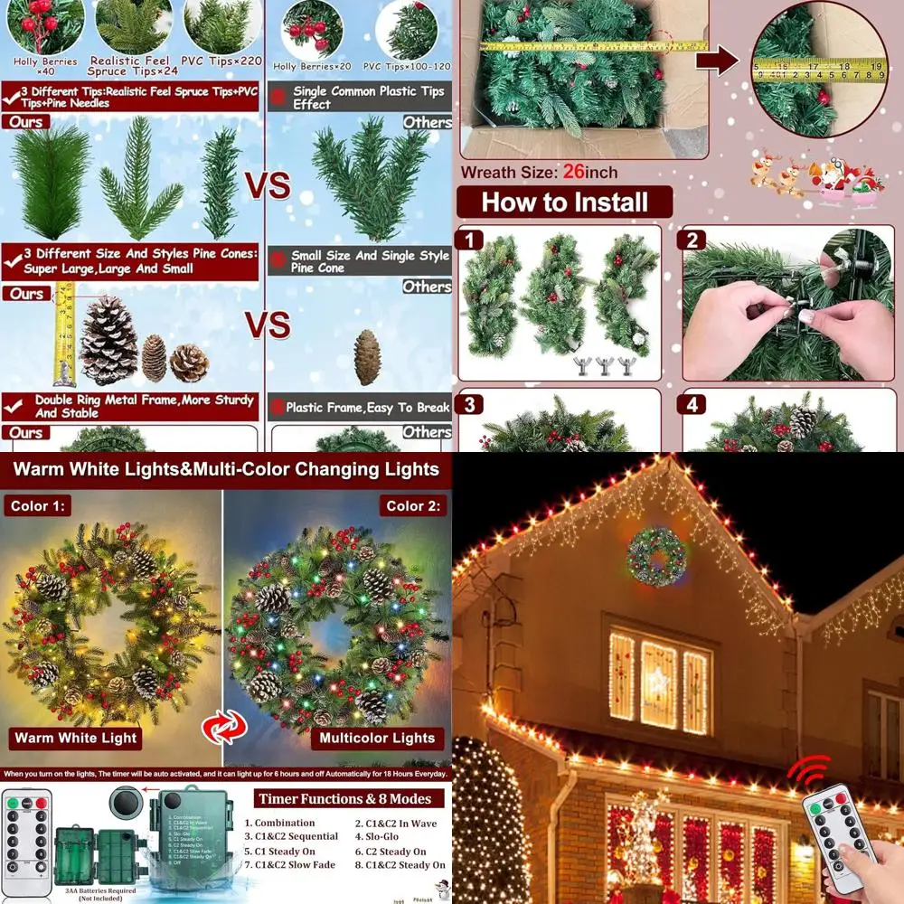 26 Supersize Luxe Pre-lit Christmas Wreath with 80 LED Lights, 8 Modes, 268 Branches, Pinecones & Berries for Outdoor Holiday De
26 Supersize Luxe Pre-lit Christmas Wreath with 80 LED Lights, 8 Modes, 268 Branches, Pinecones & Berries for Outdoor Holiday De