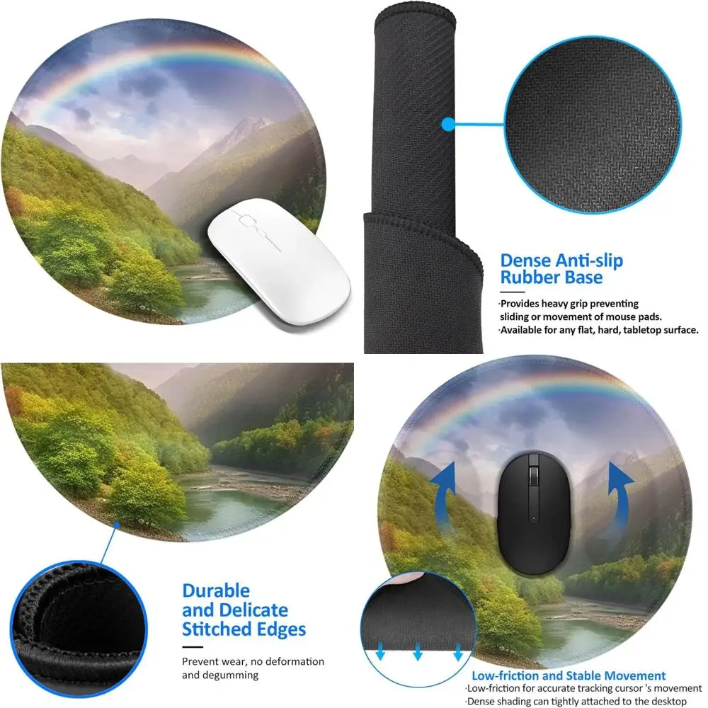 8 Inch Round Comfort Gaming Mouse Pad with Mountain Valley and Rainbow Design, Stitched Edge, Non-Slip Rubber Base, Waterproof
8 Inch Round Comfort Gaming Mouse Pad with Mountain Valley and Rainbow Design, Stitched Edge, Non-Slip Rubber Base, Waterproof