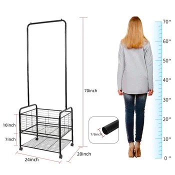 Freestanding Multifunctional with Basket Frame Removable Hangers with Rollers Metal Load Bearing Clothing Racks Storage Supplies