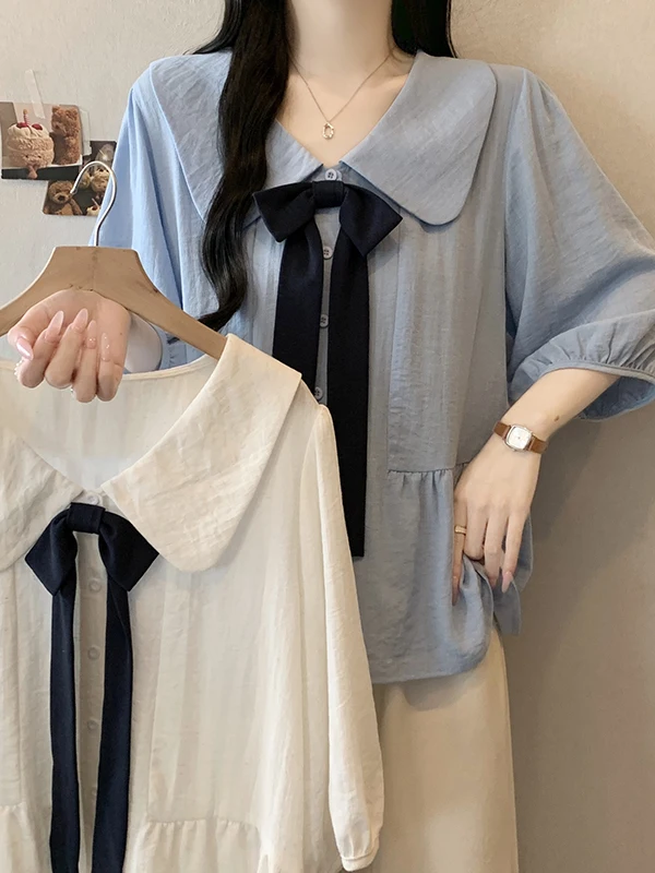 plus Size Fashionable Loose Summer Shirt Sweet 3D Doll Collar Knot Short Sleeve Chiffon Slimming Effectiveness
plus Size Fashionable Loose Summer Shirt Sweet 3D Doll Collar Knot Short Sleeve Chiffon Slimming Effectiveness