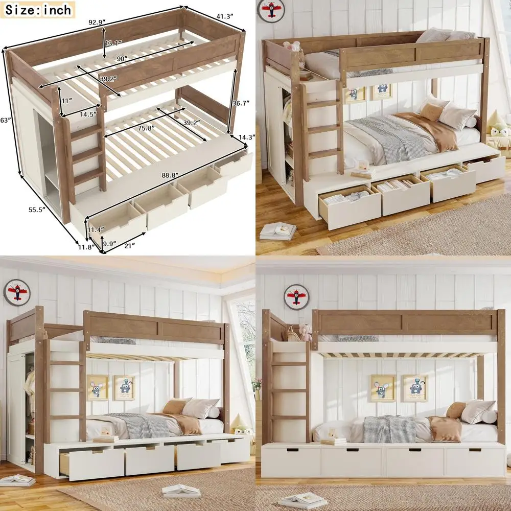 Двухъярусная кровать из массива дерева (размер Twin/Twin XL) с 4 выдвижными ящиками, встроенным шкафом, полноразмерными защитными бортиками, бежевого и натурального цвета, не требует пружинного блока.
Двухъярусная кровать из массива дерева (размер Twin/Twin XL) с 4 выдвижными ящиками, встроенным шкафом, полноразмерными защитными бортиками, бежевого и натурального цвета, не требует пружинного блока.