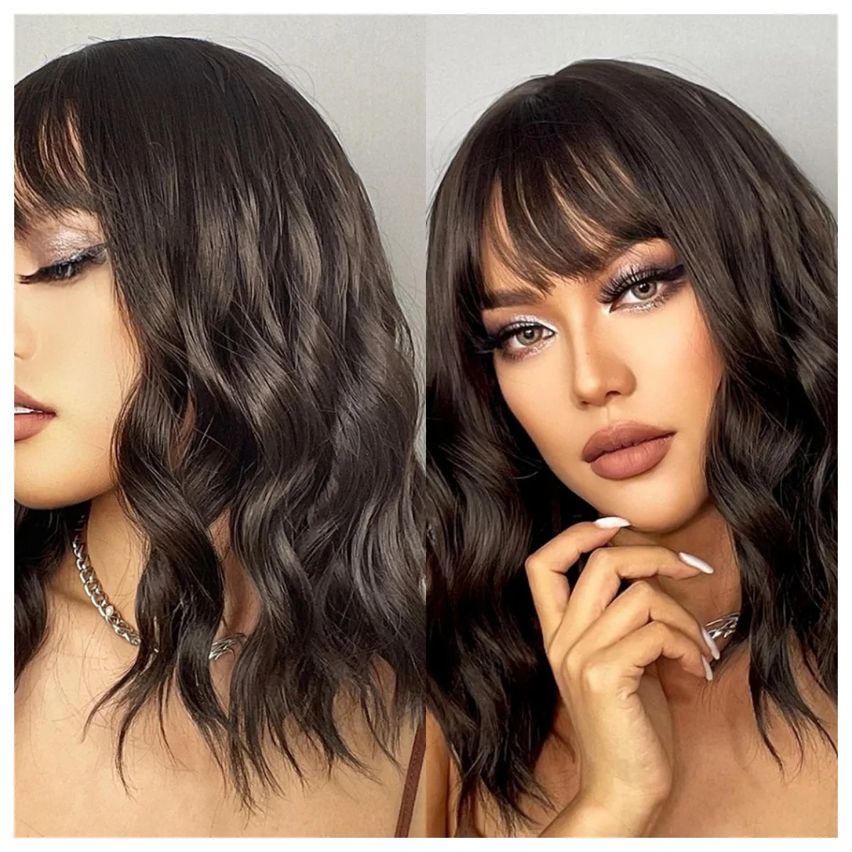 Short Middle Part Synthetc Lace Front Wig With Bangs Dark Brown Bob Wig Wavy Soft Natural Hairline Heat Resistant Synthetic Wig
Short Middle Part Synthetc Lace Front Wig With Bangs Dark Brown Bob Wig Wavy Soft Natural Hairline Heat Resistant Synthetic Wig