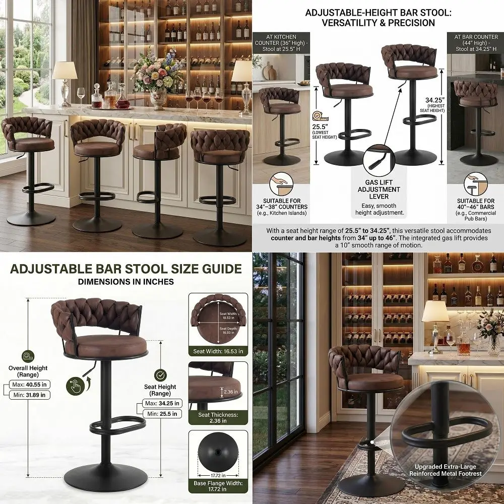 Bar Stools Set of 4, Adjustable Swivel Barstools, Counter Height Bar Stools with Curved Woven Back and Armrest, Suede Upholster
Bar Stools Set of 4, Adjustable Swivel Barstools, Counter Height Bar Stools with Curved Woven Back and Armrest, Suede Upholster
