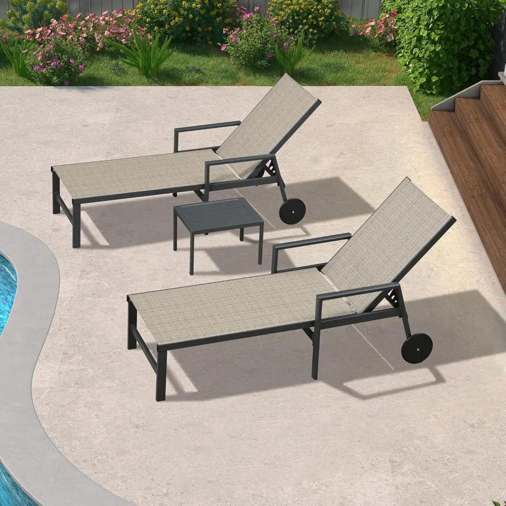 3 Pieces Outdoor Chaise Lounge Aluminum Patio Lounge Chair w/Wheels and Armrests Recliner Chair (2 Camel Lounges W/Side Table) 
3 Pieces Outdoor Chaise Lounge Aluminum Patio Lounge Chair w/Wheels and Armrests Recliner Chair (2 Camel Lounges W/Side Table)