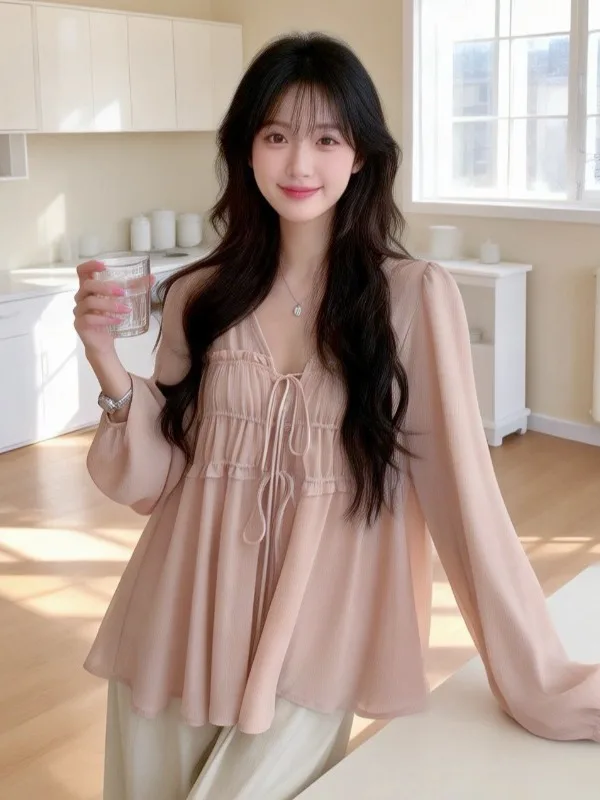 Pink V-Neck Shirt Women's Beautiful Doll Shirt Large Size Cover Belly Spring Summer New Style Korean Loose Fit Long Sleeve
Pink V-Neck Shirt Women's Beautiful Doll Shirt Large Size Cover Belly Spring Summer New Style Korean Loose Fit Long Sleeve