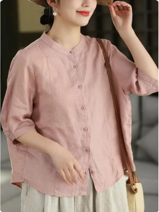 Retro Cotton Linen Hollow out Shirt Women's Loose Fit Five Sleeve Stand Collar Summer New Style Slimming Top Pure Color
Retro Cotton Linen Hollow out Shirt Women's Loose Fit Five Sleeve Stand Collar Summer New Style Slimming Top Pure Color