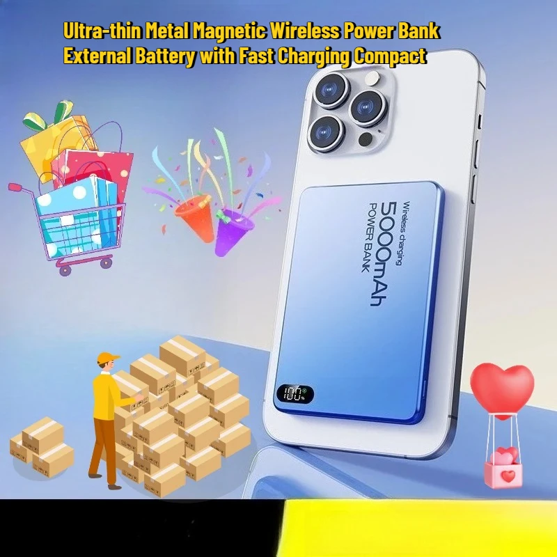 Ультратонкий металлический магнитный беспроводной внешний аккумулятор Power Bank с компактной быстрой зарядкой для Apple для Huawei
Ультратонкий металлический магнитный беспроводной внешний аккумулятор Power Bank с компактной быстрой зарядкой для Apple для Huawei