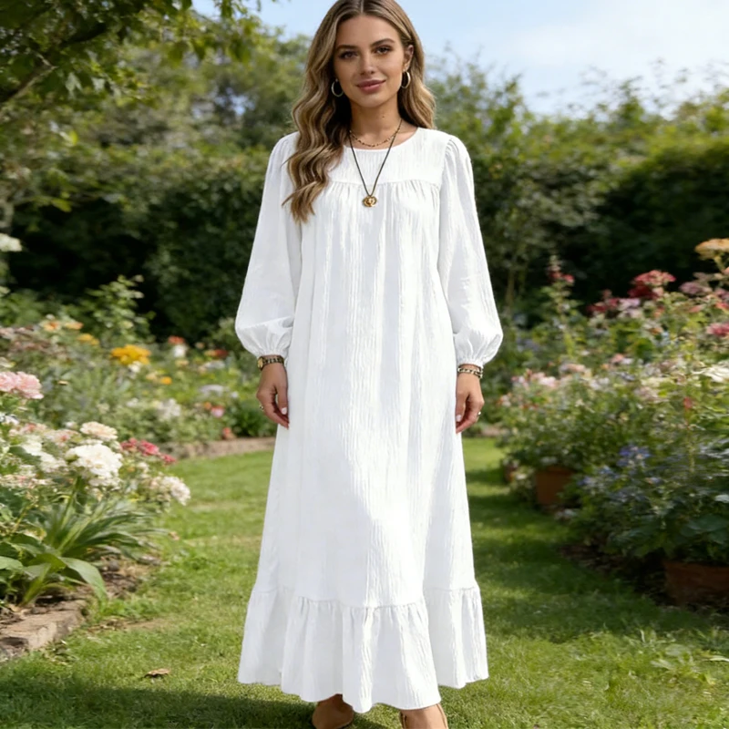 2026 Women's Simple Solid Color Dress Spring Vintage Long Sleeve Ruffle Hem Loose Fit Maxi Dresses Casual O Neck Dress
2026 Women's Simple Solid Color Dress Spring Vintage Long Sleeve Ruffle Hem Loose Fit Maxi Dresses Casual O Neck Dress