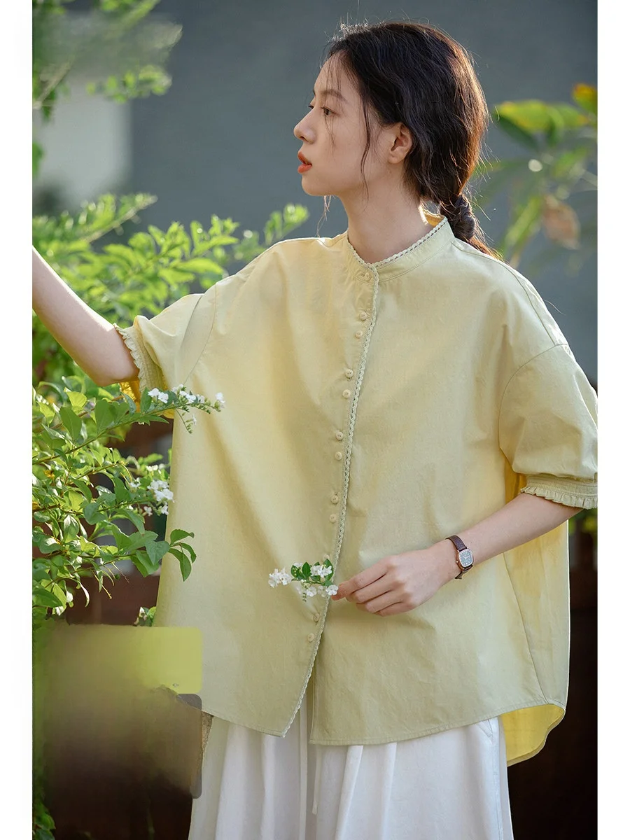 Yellow Short Sleeve Pure Cotton round Neck Women's Shirt Floral Trim Original Design Summer Breathable Comfortable
Yellow Short Sleeve Pure Cotton round Neck Women's Shirt Floral Trim Original Design Summer Breathable Comfortable