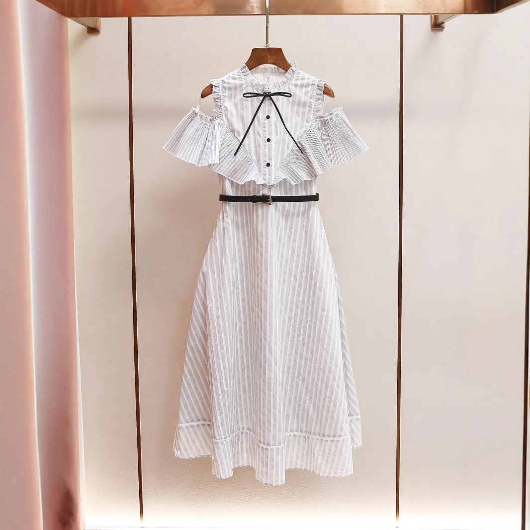 Summer New Style Korean Casual Stand Collar Knot Lace Trim Shoulder Bared Stripe Dress Women's High Waist A-Line Skirt
Summer New Style Korean Casual Stand Collar Knot Lace Trim Shoulder Bared Stripe Dress Women's High Waist A-Line Skirt