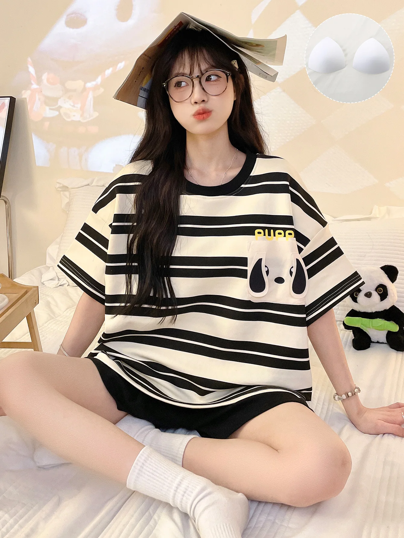 Women's summer pajamas with striped round neck cute printed short sleeves, simple and comfortable shorts, home wear, 2025 new lo
Women's summer pajamas with striped round neck cute printed short sleeves, simple and comfortable shorts, home wear, 2025 new lo