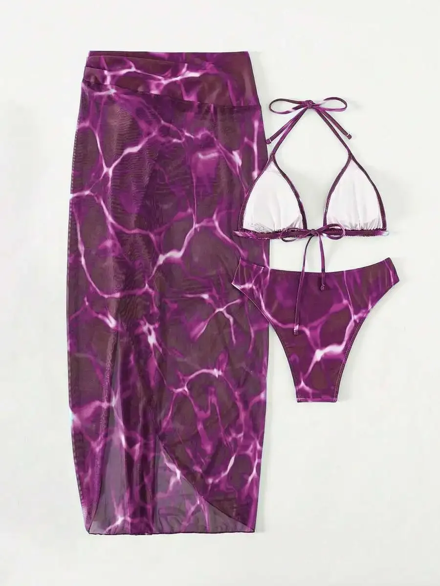 Women Summer Beach Halter Bikini Set With Cover Up Skirt Purple Abstract Print
Women Summer Beach Halter Bikini Set With Cover Up Skirt Purple Abstract Print