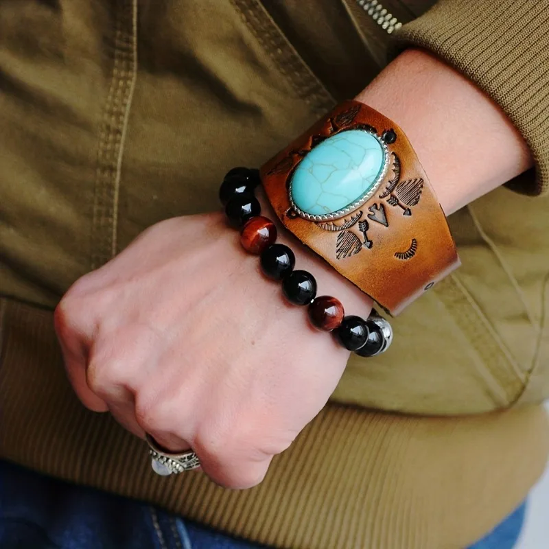 Fashion Ethnic Style Bracelet Cowhide Large Imitation Turquoise Totem Light Luxury Leather Bracelet Men's Jewellery Accessories
Fashion Ethnic Style Bracelet Cowhide Large Imitation Turquoise Totem Light Luxury Leather Bracelet Men's Jewellery Accessories