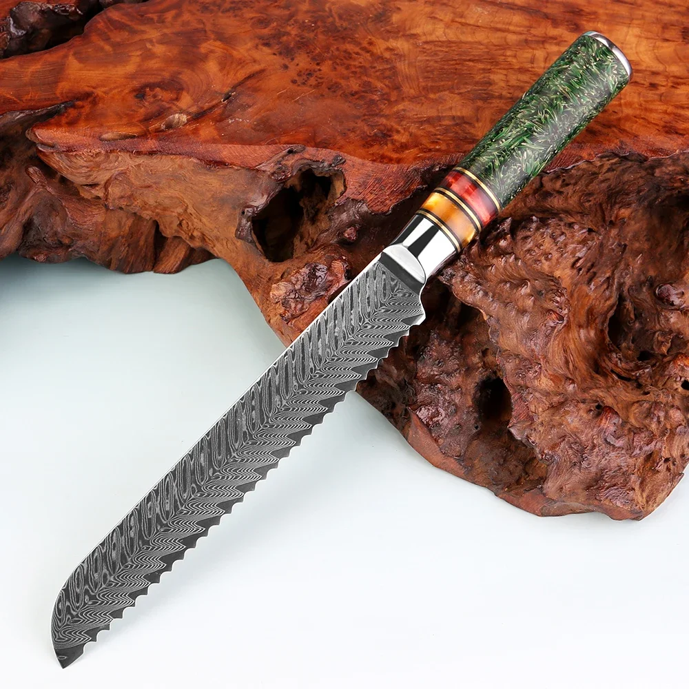 Bread Knife 8 Inch,Professional Wavy Edge Serrated Knife Damascus Steel Razor Sharp,Sourdough Slicing for Rice Husk Resin Handle
Bread Knife 8 Inch,Professional Wavy Edge Serrated Knife Damascus Steel Razor Sharp,Sourdough Slicing for Rice Husk Resin Handle