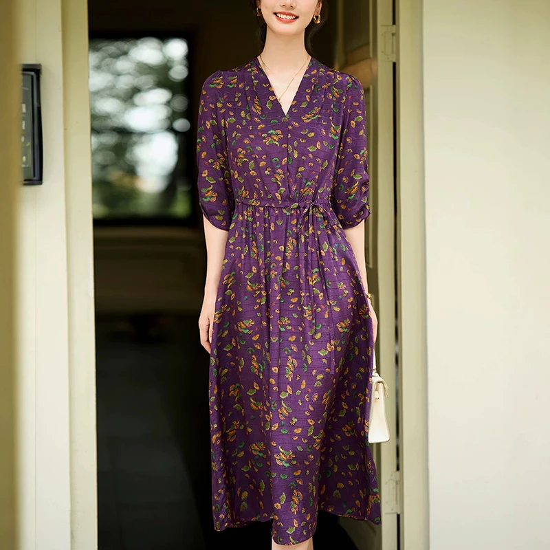 New 100% Real Silk Long Dresses for Women 2026 Summer Elegant Fashion V-neck Drawstring Women's Vintage Print Dress A-line
New 100% Real Silk Long Dresses for Women 2026 Summer Elegant Fashion V-neck Drawstring Women's Vintage Print Dress A-line