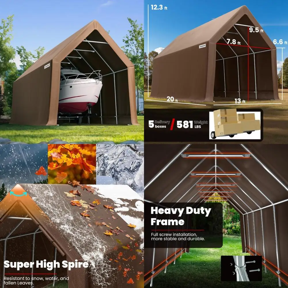 Heavy-Duty 13x20ft Carport and Storage Shed for RVs, Trucks, SUVs, and Boats with High Peak Roof Rack Compatibility
Heavy-Duty 13x20ft Carport and Storage Shed for RVs, Trucks, SUVs, and Boats with High Peak Roof Rack Compatibility