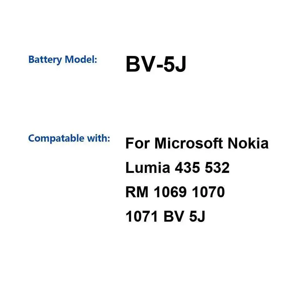 Высокоэффективный аккумулятор для мобильного телефона 1560 мАч для Nokia Lumia 435 532 RM 1069 1070 1071 BV-5J
Высокоэффективный аккумулятор для мобильного телефона 1560 мАч для Nokia Lumia 435 532 RM 1069 1070 1071 BV-5J