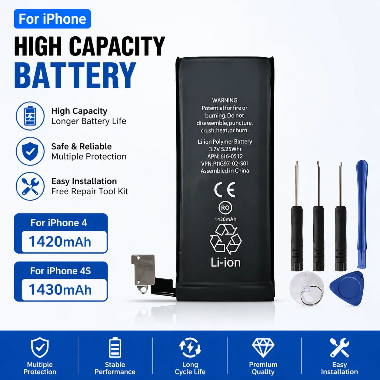 Brand New 0 Cycle Li-ion Phone Replacement Battery For iPhone 4 4S With Professional Repair Tools Kit
Brand New 0 Cycle Li-ion Phone Replacement Battery For iPhone 4 4S With Professional Repair Tools Kit
