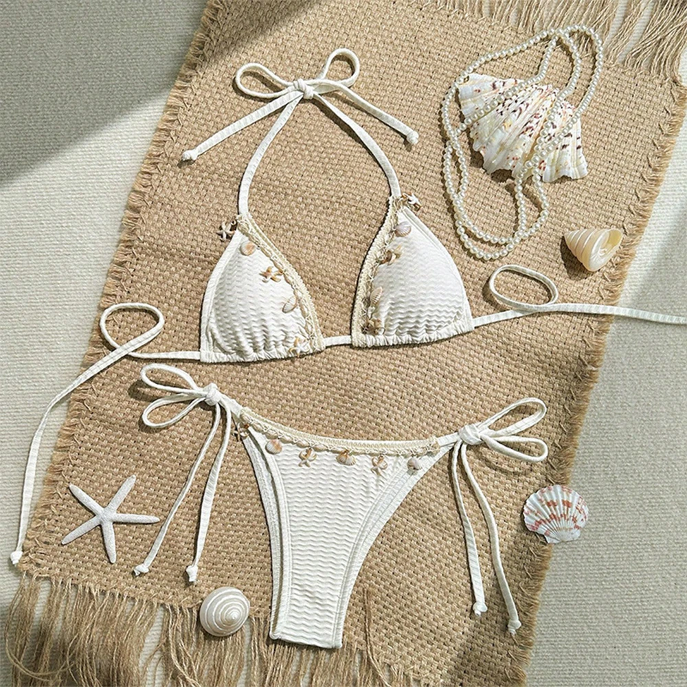 2026 New Summer White Shell Decoration Triangle Bikini with Vest Strap and Side Thong Fashionable Women's Beachwear Swimsuit
2026 New Summer White Shell Decoration Triangle Bikini with Vest Strap and Side Thong Fashionable Women's Beachwear Swimsuit