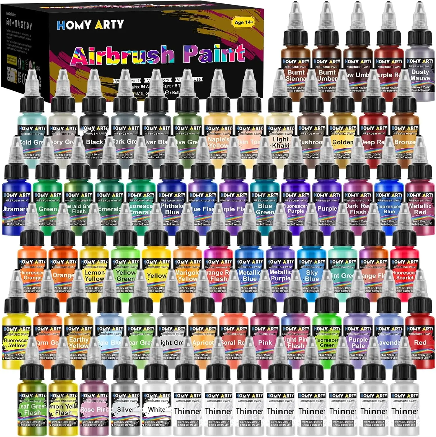 64-Color Airbrush Paint Set with Thinner, Water-Based Acrylic for Models, Canvas, Wood - 72 Bottles Ready to Spray
64-Color Airbrush Paint Set with Thinner, Water-Based Acrylic for Models, Canvas, Wood - 72 Bottles Ready to Spray