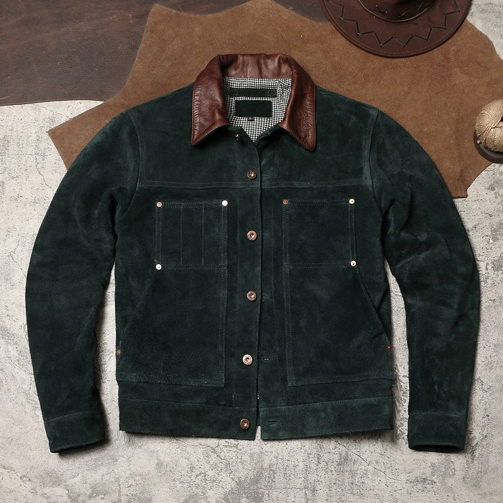 Замшевая куртка в стиле ретро с потертостями, замшевая кожаная куртка, замшевая куртка с воротником с лацканами, костюм электрика 
Замшевая куртка в стиле ретро с потертостями, замшевая кожаная куртка, замшевая куртка с воротником с лацканами, костюм электрика