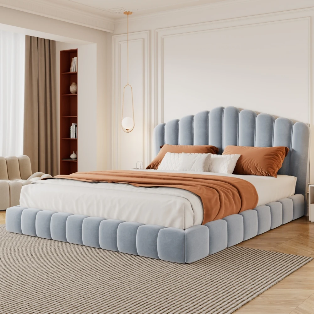 Velvet Upholstered Queen Bed Frame, Shell Headboard, No Box Spring, Light Blue (Old SKU:BS324377AAC)
Velvet Upholstered Queen Bed Frame, Shell Headboard, No Box Spring, Light Blue (Old SKU:BS324377AAC)