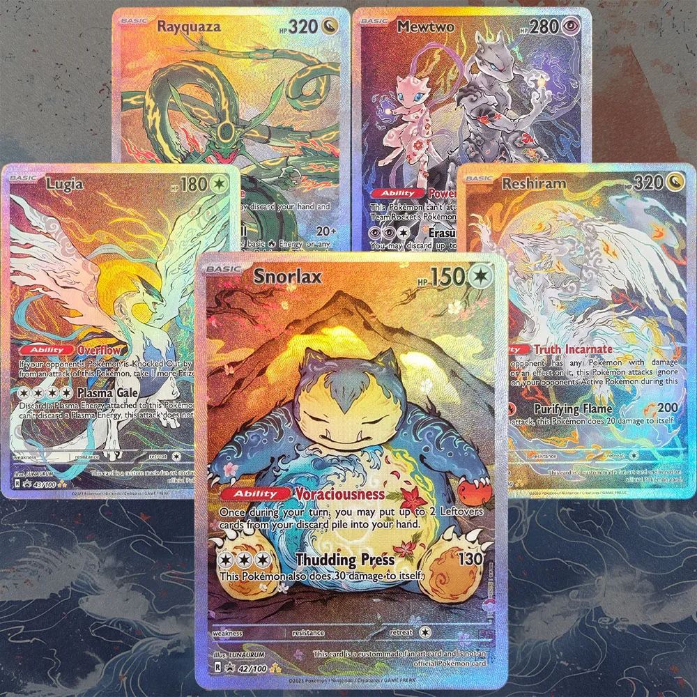 Homemade TCG English Mewtwo Snorlax Reshiram Lugia Rayquaza Chinese Style Series Fan Art Card Game Collection Card Toy
Homemade TCG English Mewtwo Snorlax Reshiram Lugia Rayquaza Chinese Style Series Fan Art Card Game Collection Card Toy
