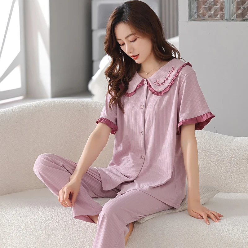 Women Modal Nightwear Sets Summer Solid Color Pyjama Set Short Sleeve Sleepwear Women Top Long Pant
Women Modal Nightwear Sets Summer Solid Color Pyjama Set Short Sleeve Sleepwear Women Top Long Pant