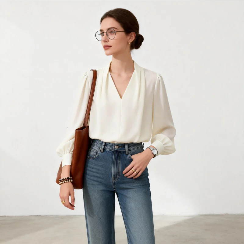 French satin shirt for women2026Spring and Autumn NewVCollared long-sleeve shirt with a slimming design, suitable for a mature a
French satin shirt for women2026Spring and Autumn NewVCollared long-sleeve shirt with a slimming design, suitable for a mature a