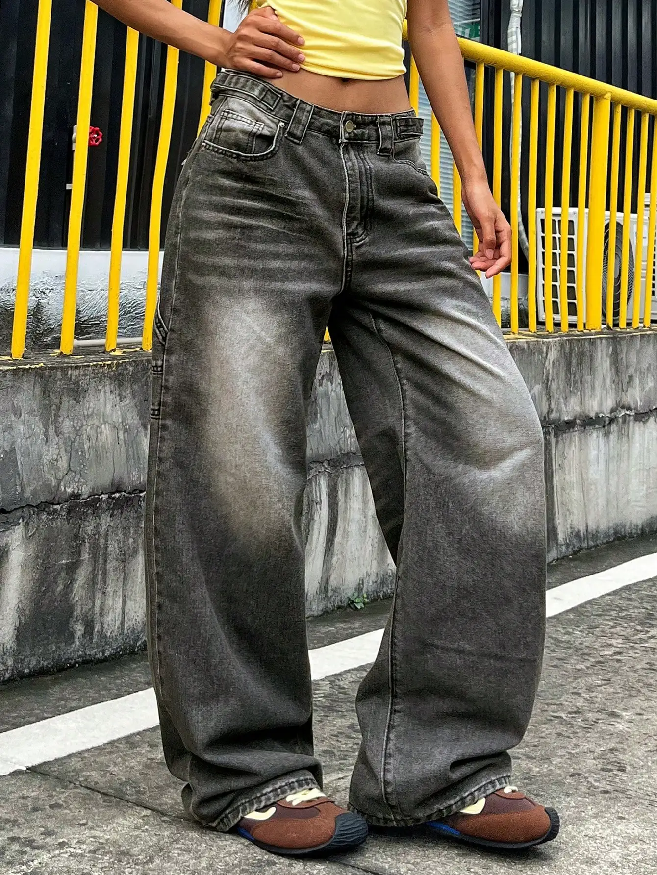 Women's floor length straight leg gradient jeans - button and zipper closure, fine strap decoration, functional side pockets, wo
Women's floor length straight leg gradient jeans - button and zipper closure, fine strap decoration, functional side pockets, wo
