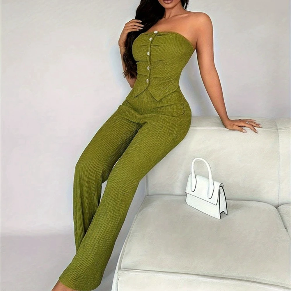 Women Fashion Strapless Tank Top and Elastic Waist Pants Set Ensembles Femme Casual 2 Pieces Set Suits Summer
Women Fashion Strapless Tank Top and Elastic Waist Pants Set Ensembles Femme Casual 2 Pieces Set Suits Summer
