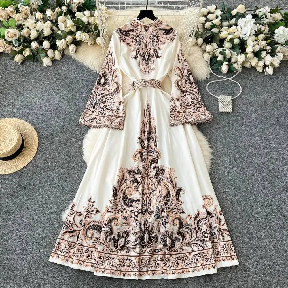 Elegant Stand Collar Flare Sleeve Print Robe 2025 New Casual Court Big Swing Belt Mujer Women Single Breasted Moda Dress
Elegant Stand Collar Flare Sleeve Print Robe 2025 New Casual Court Big Swing Belt Mujer Women Single Breasted Moda Dress
