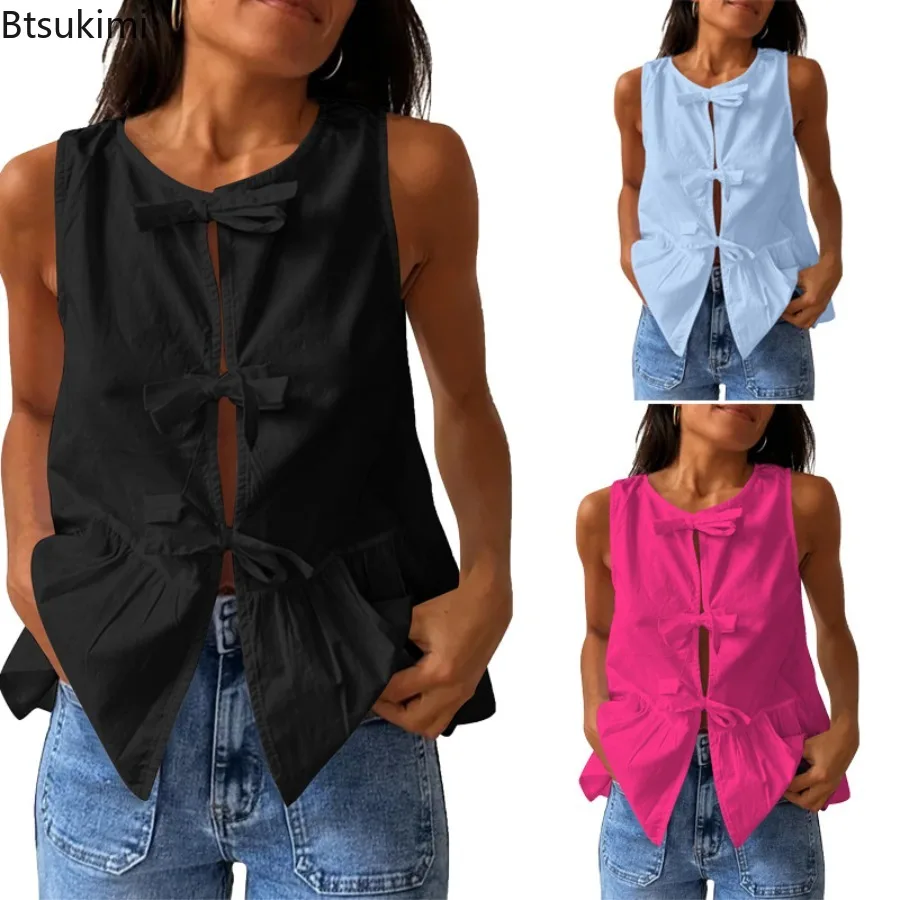 2025 Women's Summer Y2K Vintage Solid Color Vest Sleeveless O-Neck Front Bow Knot Tied Hollow Out Peplum Flare Tank Tops Ladies
2025 Women's Summer Y2K Vintage Solid Color Vest Sleeveless O-Neck Front Bow Knot Tied Hollow Out Peplum Flare Tank Tops Ladies