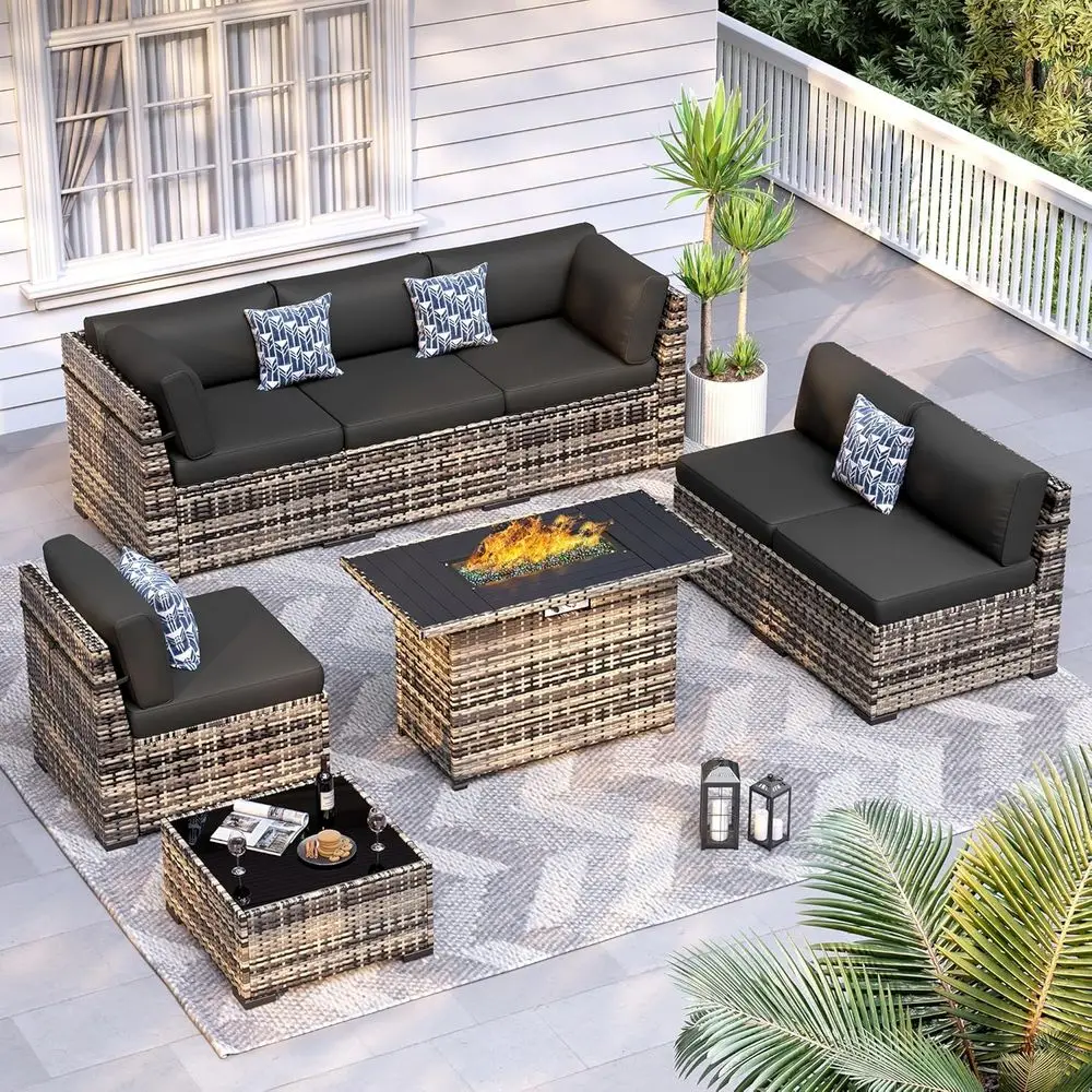 8-Piece Outdoor Wicker Sectional Sofa Set with 44 Fire Pit Table and Cushions for Patio, Garden (Black)
8-Piece Outdoor Wicker Sectional Sofa Set with 44 Fire Pit Table and Cushions for Patio, Garden (Black)