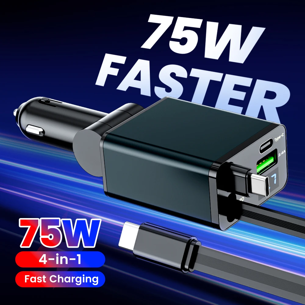 MINI 4 in 1 Fast Charging Car Cigarette Lighter Adapter 75W With USB Type C Retractable Cable For iPhone Samsung Xiaomi Huawei
MINI 4 in 1 Fast Charging Car Cigarette Lighter Adapter 75W With USB Type C Retractable Cable For iPhone Samsung Xiaomi Huawei