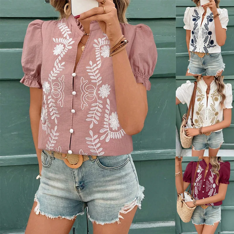 2025 New Women's Cotton Shirt Embroidered Top Button Cardigan Stand Collar Puff Short Sleeve Sweet Simple Fashion Blouses
2025 New Women's Cotton Shirt Embroidered Top Button Cardigan Stand Collar Puff Short Sleeve Sweet Simple Fashion Blouses