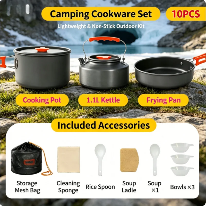 Portable 10pcs Aluminum Camping Cooking Set Ultralight Pot Kettle with Storage Bag for Hiking Backpacking Outdoor Use
Portable 10pcs Aluminum Camping Cooking Set Ultralight Pot Kettle with Storage Bag for Hiking Backpacking Outdoor Use