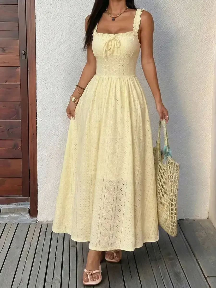 Pale Yellow Sleeveless Cami Long Dress For Women Casual Ruched Bust Flared Hem Eyelet Knitted Fabric
Pale Yellow Sleeveless Cami Long Dress For Women Casual Ruched Bust Flared Hem Eyelet Knitted Fabric