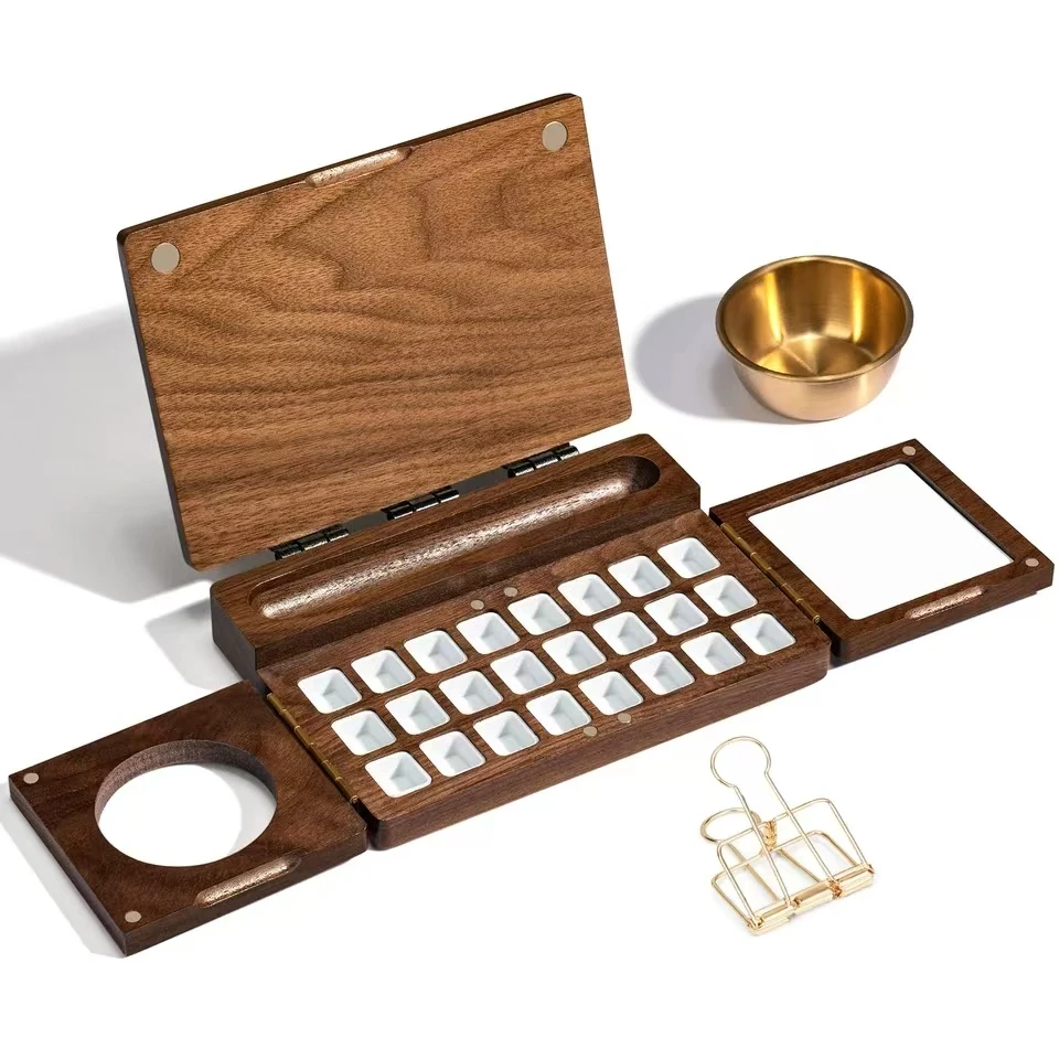 Деревянная акварельная палитра, многофункциональная пустая коробка для палитры из черного ореха для путешествий на открытом воздухе в качестве мольберта, 27 каналов для акварели
Деревянная акварельная палитра, многофункциональная пустая коробка для палитры из черного ореха для путешествий на открытом воздухе в качестве мольберта, 27 каналов для акварели